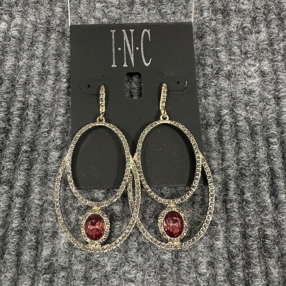 INC Drop Earrings Women OS Gold Red NEW Pave Crystal Double Oval E0804579